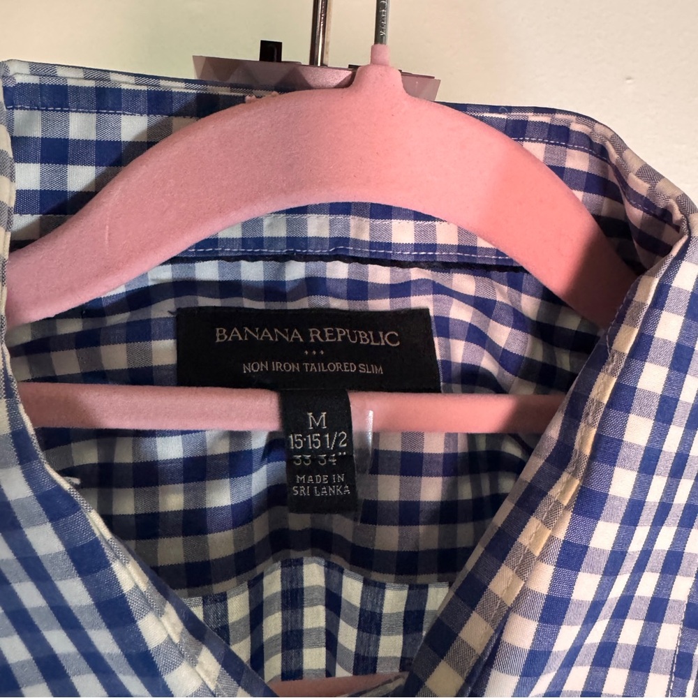 Banana Republic Non-Iron Tailored Slim Fit Gingham Dress Shirt - Blue/White - M - Picture 5 of 5